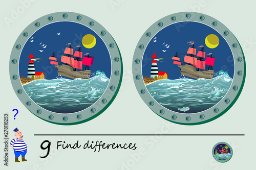Logic puzzle game for children. Need to find 9 differences. Printable page for kids brainteaser book. View from window of sea porthole on ocean, lighthouse and ship. Developing counting skills.