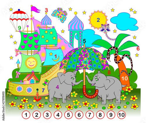 Exercise for young children. Need to find the numbers from 1 till 10 hidden in the picture. Logic puzzle game. Developing skills for counting. Printable worksheet for kids book. Back to school.