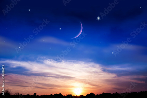 Obraz na płótnie New moon . Religion background . The sky at night with stars. Ramadan background . Prayer time . rural area w salonie