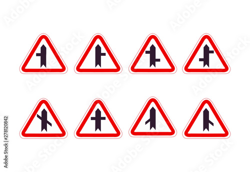 llustration of Triangle Warning Sign. Crossroads Warning Main Road Sign. Crossroads Sign. Warning signs. traffic training.  traffic rules. Traffic signs. road signs