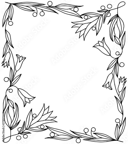 Square frame with branches, leaves, berries and flowers bells. photo