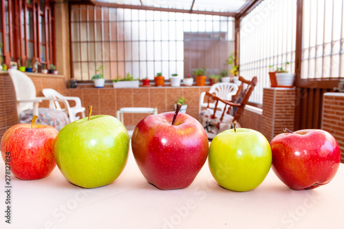 Green and red apples intercalated in a row in the garden photo