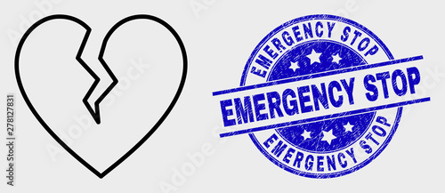 Vector line broken heart icon and Emergency Stop watermark. Blue rounded distress watermark with Emergency Stop caption. Black isolated broken heart icon in line style.
