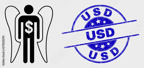 Vector contour angel investor pictogram and USD watermark. Blue round scratched stamp with USD text. Black isolated angel investor pictogram in contour style.