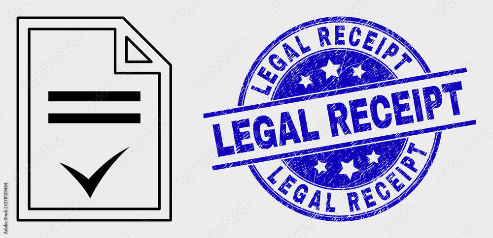 Obraz premium Vector stroke agreement page icon and Legal Receipt seal stamp. Blue round textured seal stamp with Legal Receipt text. Black isolated agreement page icon in linear style.