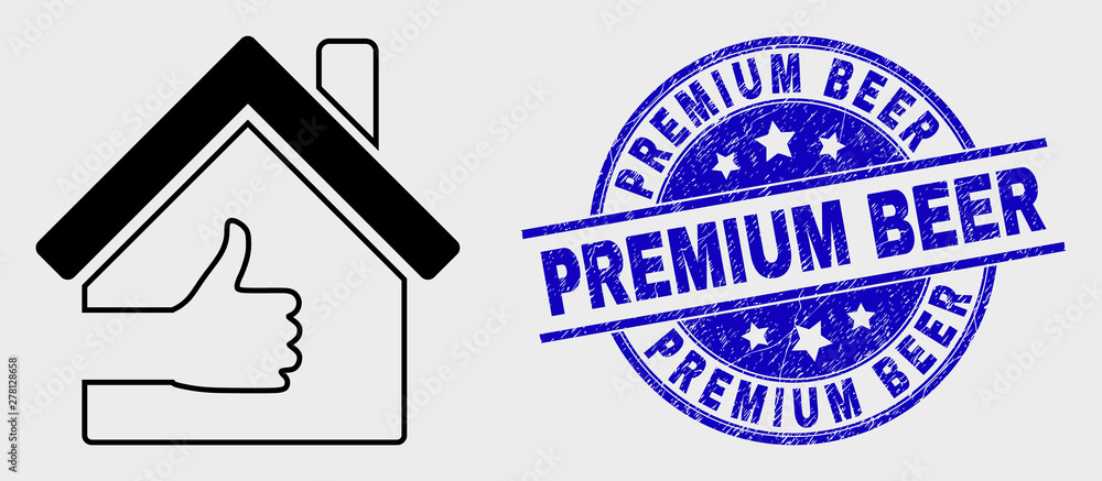 Vector contour best house icon and Premium Beer seal stamp. Blue round grunge seal stamp with Premium Beer caption. Black isolated best house icon in outline style. Vector contour best house icon and Premium Beer seal stamp. Blue round grunge seal stamp with Premium Beer caption. Black isolated best house icon in outline style.