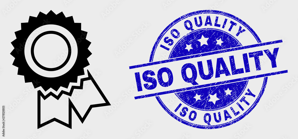 Vector stroke award seal icon and ISO Quality seal. Blue rounded grunge seal stamp with ISO Quality text. Black isolated award seal pictogram in stroke style.