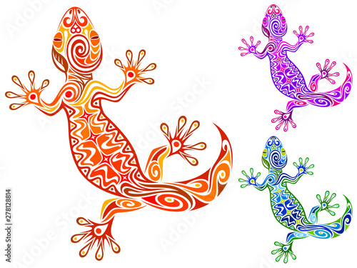 Vector illustration of an ornate gecko design in three different color schemes.