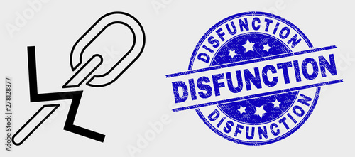 Vector contour break chain pictogram and Disfunction seal. Blue rounded distress seal with Disfunction message. Black isolated break chain pictogram in contour style.