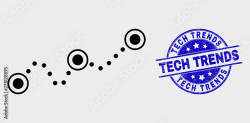 Vector contour dotted chart icon and Tech Trends seal stamp. Blue round grunge seal stamp with Tech Trends text. Black isolated dotted chart icon in outline style.