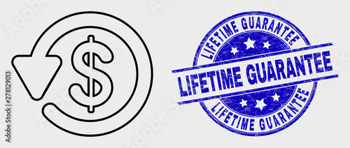 Vector outline dollar refund icon and Lifetime Guarantee seal stamp. Blue round distress seal with Lifetime Guarantee title. Black isolated dollar refund icon in line style.