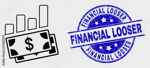 Vector outline financial charts pictogram and Financial Looser seal stamp. Blue rounded scratched seal stamp with Financial Looser message. Black isolated financial charts symbol in outline style.