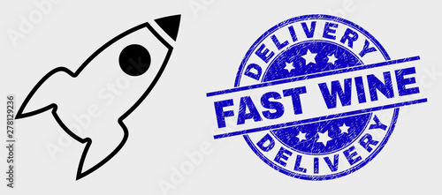 Vector line rocket icon and Delivery Fast Wine seal stamp. Blue round scratched stamp with Delivery Fast Wine text. Black isolated rocket pictogram in line style.