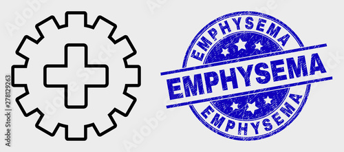 Vector linear plus gear pictogram and Emphysema seal stamp. Blue round distress seal stamp with Emphysema text. Black isolated plus gear pictogram in linear style.