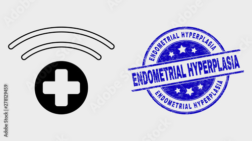 Vector outline medical source pictogram and Endometrial Hyperplasia seal stamp. Blue rounded grunge seal with Endometrial Hyperplasia title. Black isolated medical source pictogram in linear style.