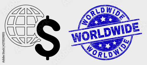 Vector contour global business icon and Worldwide seal stamp. Blue round distress seal stamp with Worldwide message. Black isolated global business icon in contour style.