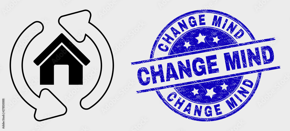 Obraz premium Vector stroke home refresh arrows icon and Change Mind seal stamp. Blue rounded textured seal with Change Mind title. Black isolated home refresh arrows icon in stroke style.