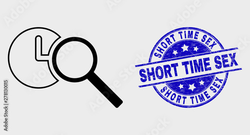 Vector stroke find time pictogram and Short Time Sex seal stamp. Blue rounded grunge seal stamp with Short Time Sex phrase. Black isolated find time pictogram in stroke style.