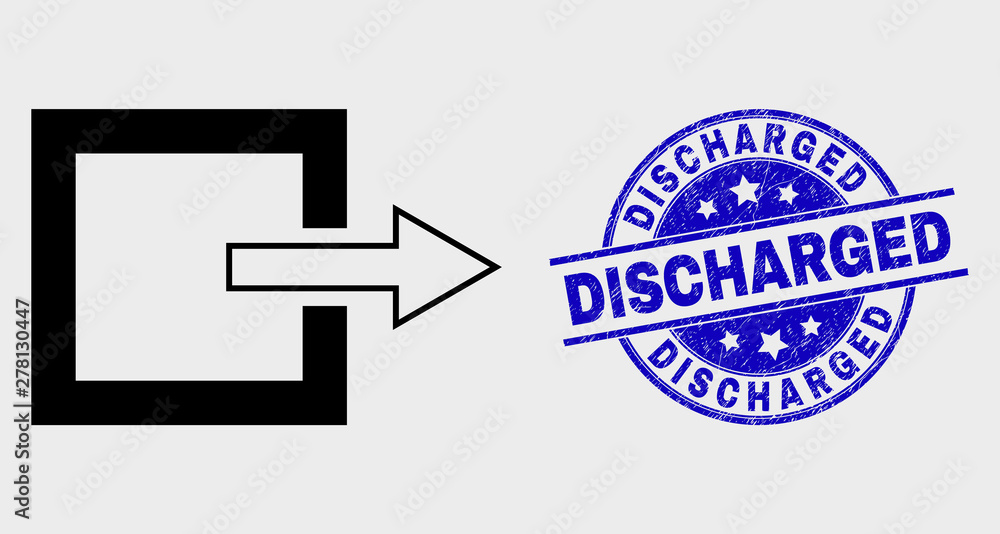 Vector linear log out icon and Discharged seal stamp. Blue round grunge seal stamp with Discharged title. Black isolated log out icon in contour style. Vector linear log out icon and Discharged seal stamp. Blue round grunge seal stamp with Discharged title. Black isolated log out icon in contour style.