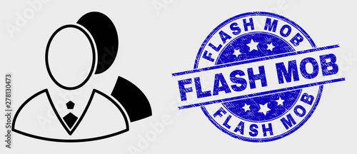 Vector linear managers icon and Flash Mob watermark. Blue round textured stamp with Flash Mob text. Black isolated managers icon in linear style.