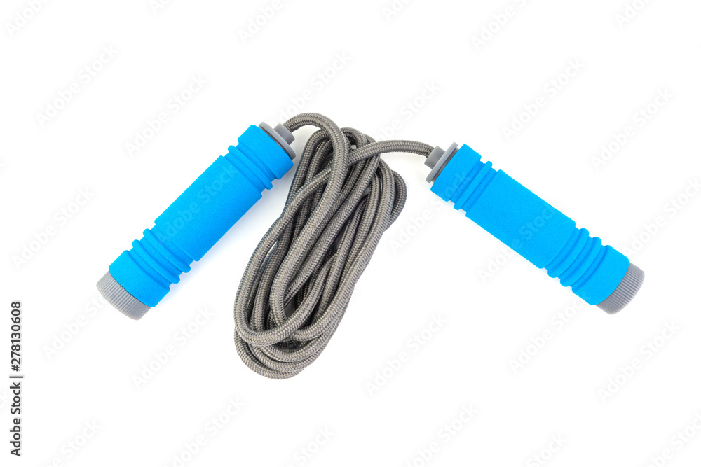 Skipping rope or jumping rope isolated on white background. Selective focus and crop fragment Skipping rope or jumping rope isolated on white background. Selective focus and crop fragment