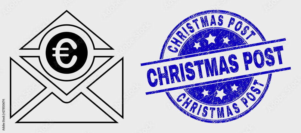Vector contour euro mail icon and Christmas Post seal stamp. Blue round grunge seal stamp with Christmas Post title. Black isolated euro mail icon in stroke style.