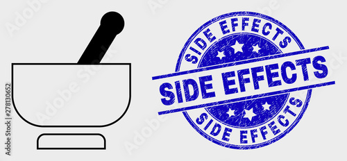 Vector contour mortar icon and Side Effects seal stamp. Blue round grunge seal stamp with Side Effects title. Black isolated mortar icon in line style.