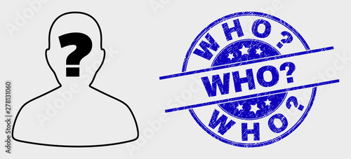 Vector stroke unknown person icon and Who? stamp. Blue rounded distress seal stamp with Who? caption. Black isolated unknown person icon in stroke style.