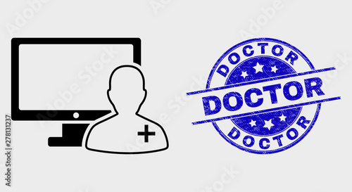 Vector linear online doctor pictogram and Doctor seal. Blue rounded scratched seal stamp with Doctor message. Black isolated online doctor symbol in linear style.