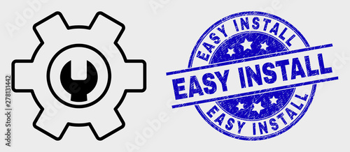 Vector outline repair options pictogram and Easy Install seal stamp. Blue rounded scratched seal with Easy Install title. Black isolated repair options pictogram in outline style.