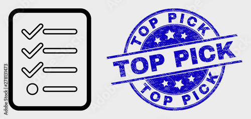 Vector stroke items list page pictogram and Top Pick seal stamp. Blue round scratched seal with Top Pick message. Black isolated items list page pictogram in stroke style.