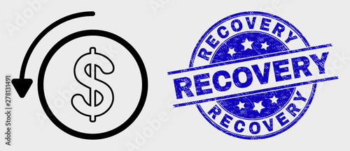 Vector line undo payment pictogram and Recovery seal stamp. Blue round grunge seal stamp with Recovery title. Black isolated undo payment pictogram in contour style.