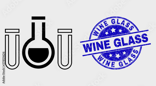Vector stroke chemical tubes icon and Wine Glass stamp. Blue rounded textured watermark with Wine Glass text. Black isolated chemical tubes icon in stroke style.