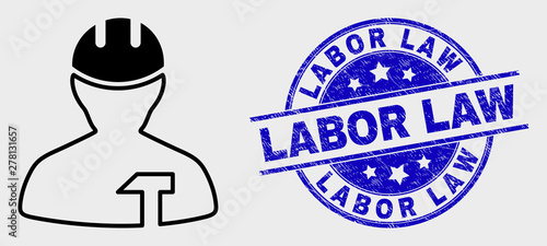 Vector line repairman pictogram and Labor Law seal stamp. Blue round distress seal stamp with Labor Law message. Black isolated repairman pictogram in linear style.