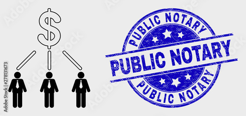 Vector contour dollar managers links icon and Public Notary stamp. Blue rounded grunge watermark with Public Notary phrase. Black isolated dollar managers links icon in contour style.