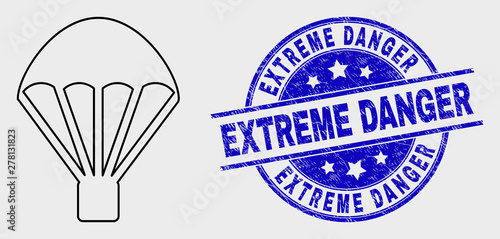 Vector contour parachute pictogram and Extreme Danger seal stamp. Blue round distress seal stamp with Extreme Danger phrase. Black isolated parachute pictogram in linear style.