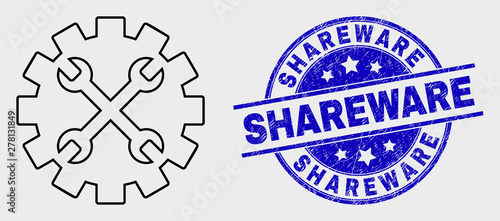 Vector linear tools gear icon and Shareware seal stamp. Blue round distress seal stamp with Shareware title. Black isolated tools gear pictogram in linear style.