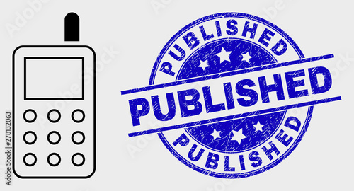 Vector contour radio transmitter icon and Published seal. Blue rounded grunge seal with Published phrase. Black isolated radio transmitter pictogram in contour style.