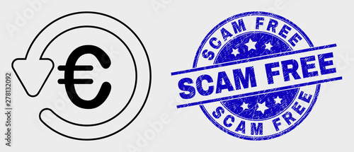Vector contour euro chargeback pictogram and Scam Free seal. Blue rounded scratched seal stamp with Scam Free title. Black isolated euro chargeback pictogram in contour style.