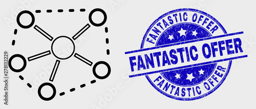 Vector outline links pictogram and Fantastic Offer seal. Blue rounded textured seal stamp with Fantastic Offer message. Black isolated links pictogram in stroke style.
