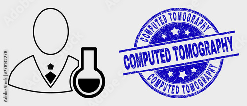 Vector contour chemical scientist icon and Computed Tomography seal stamp. Blue round grunge seal stamp with Computed Tomography caption. Black isolated chemical scientist icon in contour style.