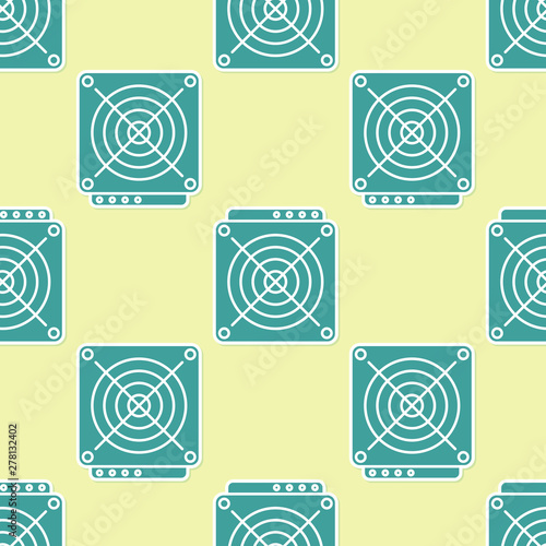 Green ASIC Miner icon isolated seamless pattern on yellow background. Cryptocurrency mining equipment and hardware. Application specific integrated circuit. Flat design. Vector Illustration