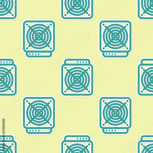 Green ASIC Miner icon isolated seamless pattern on yellow background. Cryptocurrency mining equipment and hardware. Application specific integrated circuit. Flat design. Vector Illustration