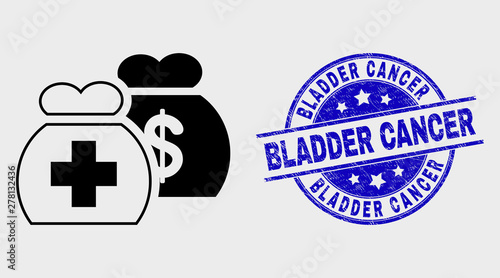 Vector contour medical funds icon and Bladder Cancer seal stamp. Blue round distress seal stamp with Bladder Cancer phrase. Black isolated medical funds symbol in contour style.