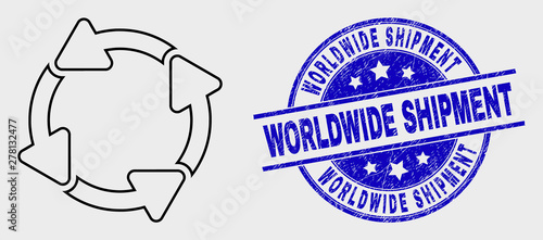 Vector outline circulation arrows pictogram and Worldwide Shipment seal stamp. Blue round textured seal stamp with Worldwide Shipment phrase.