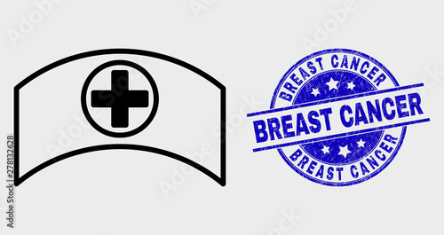 Vector contour medical cap icon and Breast Cancer watermark. Blue round textured watermark with Breast Cancer text. Black isolated medical cap icon in outline style.