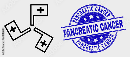Vector line medical flags icon and Pancreatic Cancer stamp. Blue rounded grunge stamp with Pancreatic Cancer phrase. Black isolated medical flags icon in outline style.