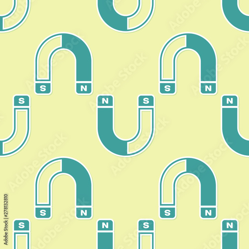 Green Magnet icon isolated seamless pattern on yellow background. Horseshoe magnet, magnetism, magnetize, attraction sign. Vector Illustration