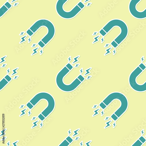 Green Magnet with lightning icon isolated seamless pattern on yellow background. Horseshoe magnet, magnetism, magnetize, attraction sign. Vector Illustration