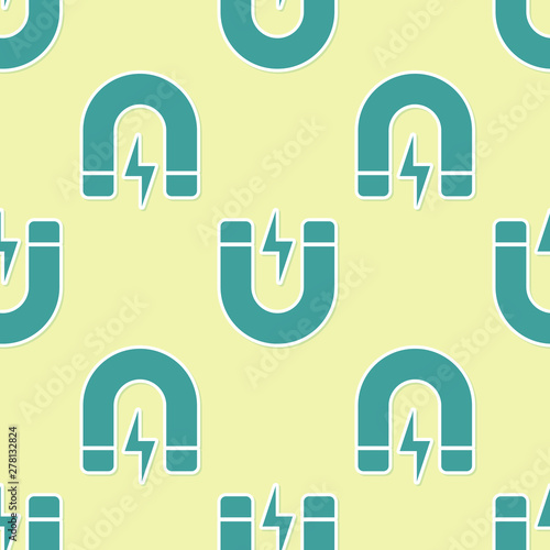Green Magnet with lightning icon isolated seamless pattern on yellow background. Horseshoe magnet, magnetism, magnetize, attraction sign. Vector Illustration